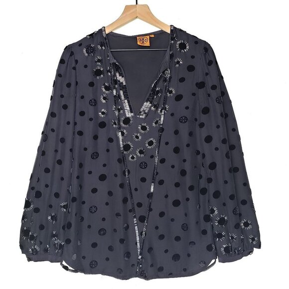 Tory Burch Angela‎ Beaded Velvet Dot Sheer Blouse Long Sleeve Lined 8 - FLAWED - Picture 1 of 16